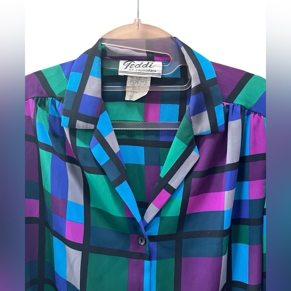 Mob wife  Blouse shirt Button Up 80s 90s sheer colorblock -10 - Picture 3 of 7